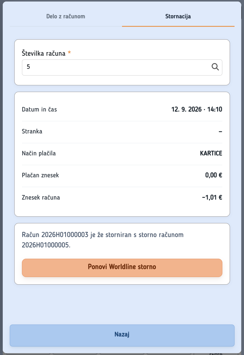 Gumbi za nedokončan Worldline storno v Touch blagajni
