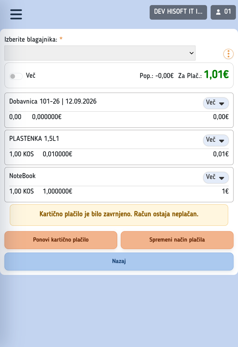 Gumb Ponovni poskus plačila v Hitri blagajni