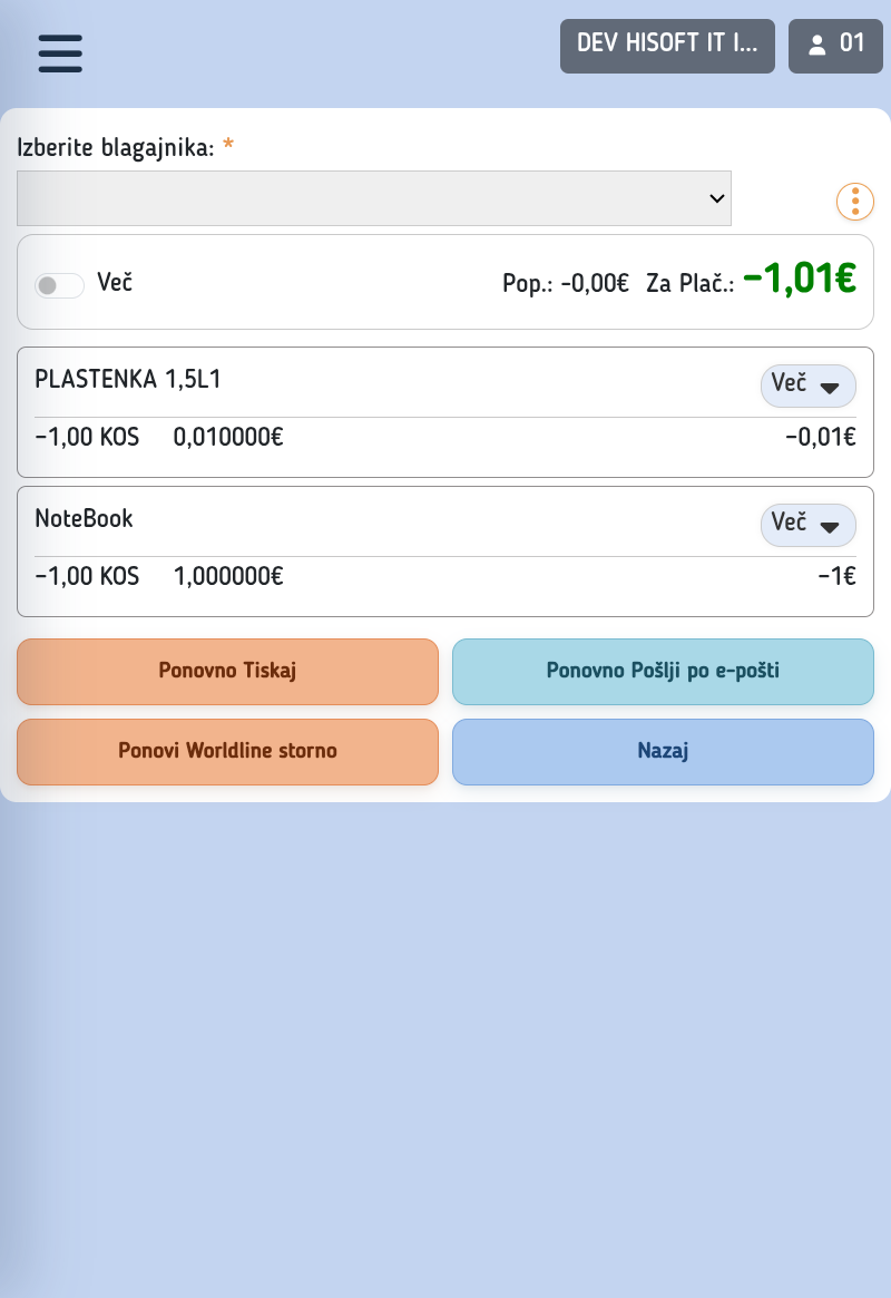 Gumb Ponovi Worldline storno v Hitri blagajni
