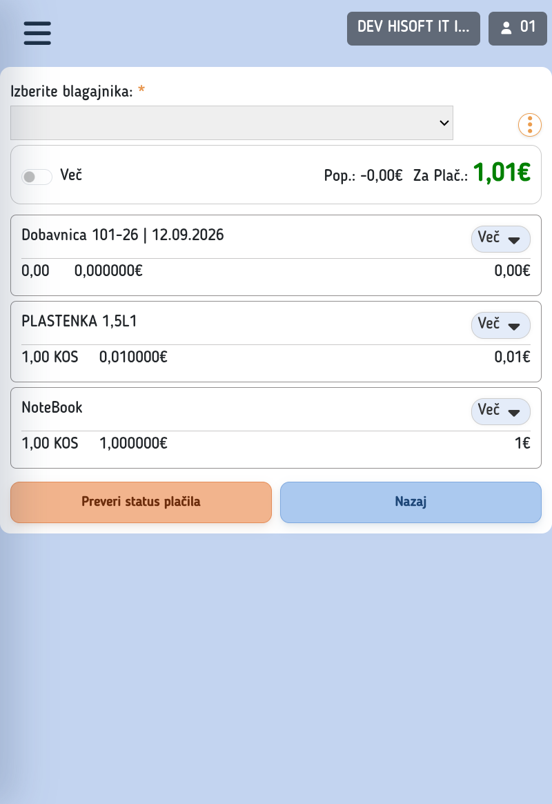 Gumb Preveri status plačila v Hitri blagajni