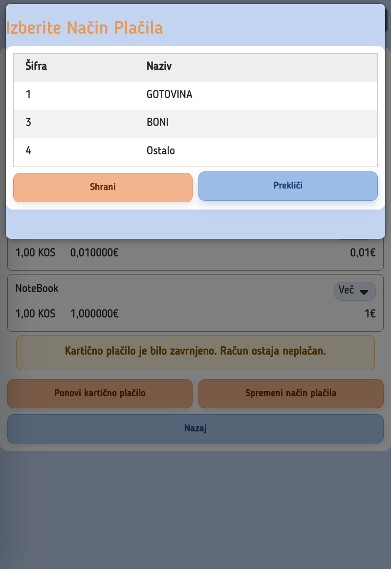 Gumb Spremeni način plačila v Hitri blagajni