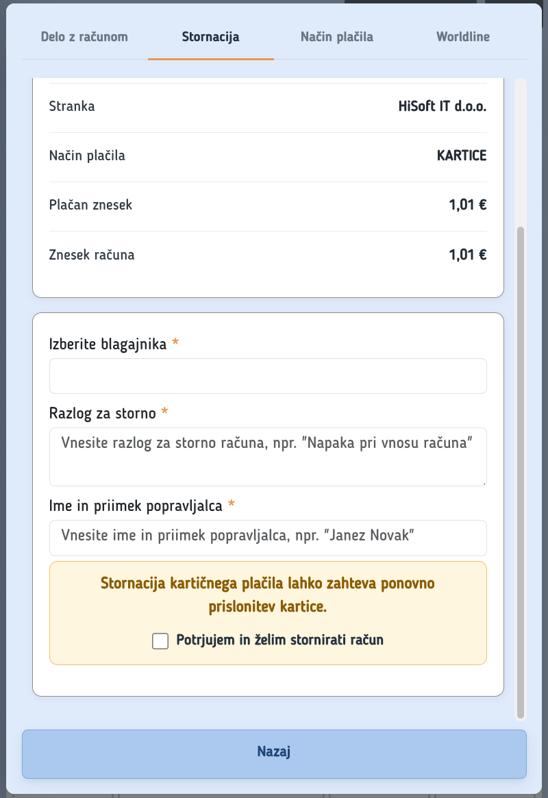 Zavihek Stornacija z opozorilom o prislonitvi kartice