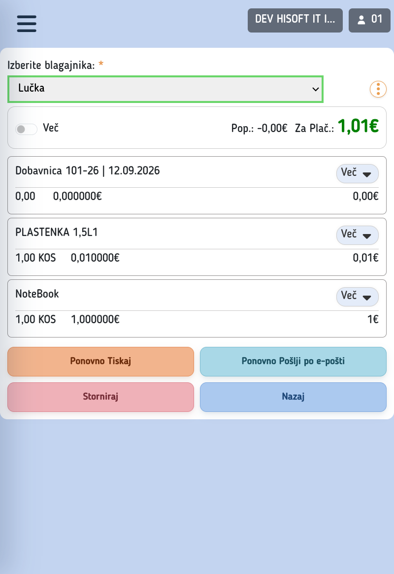 Gumb Storniraj na plačanem Worldline računu v Hitri blagajni