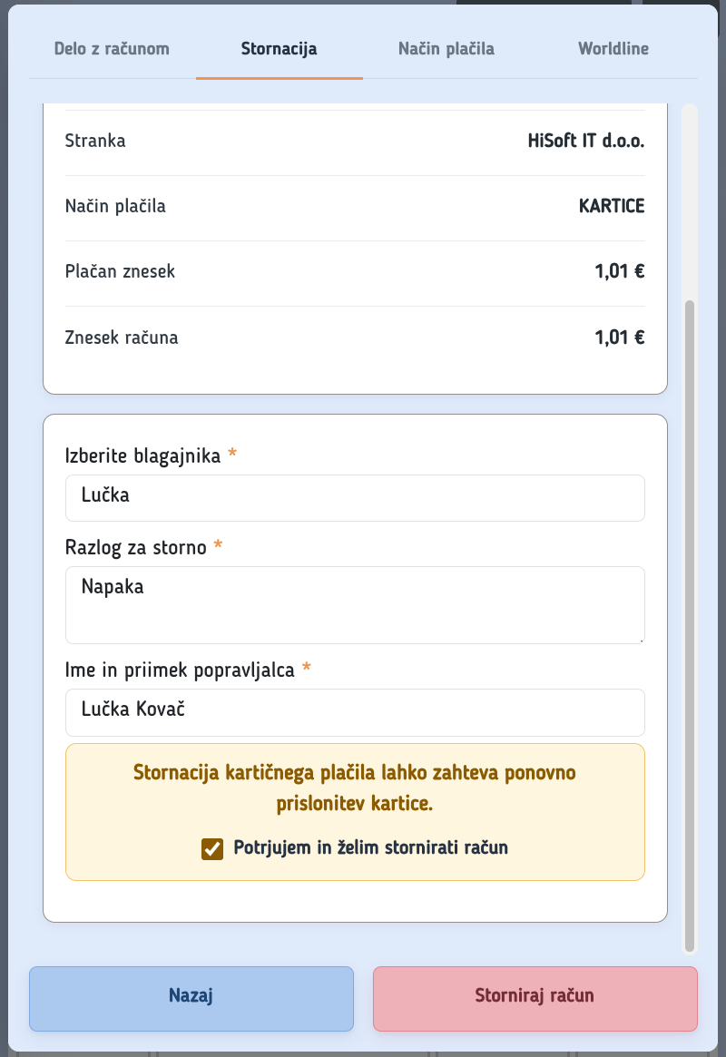 Gumb Storniraj račun po potrditvi prislonitve