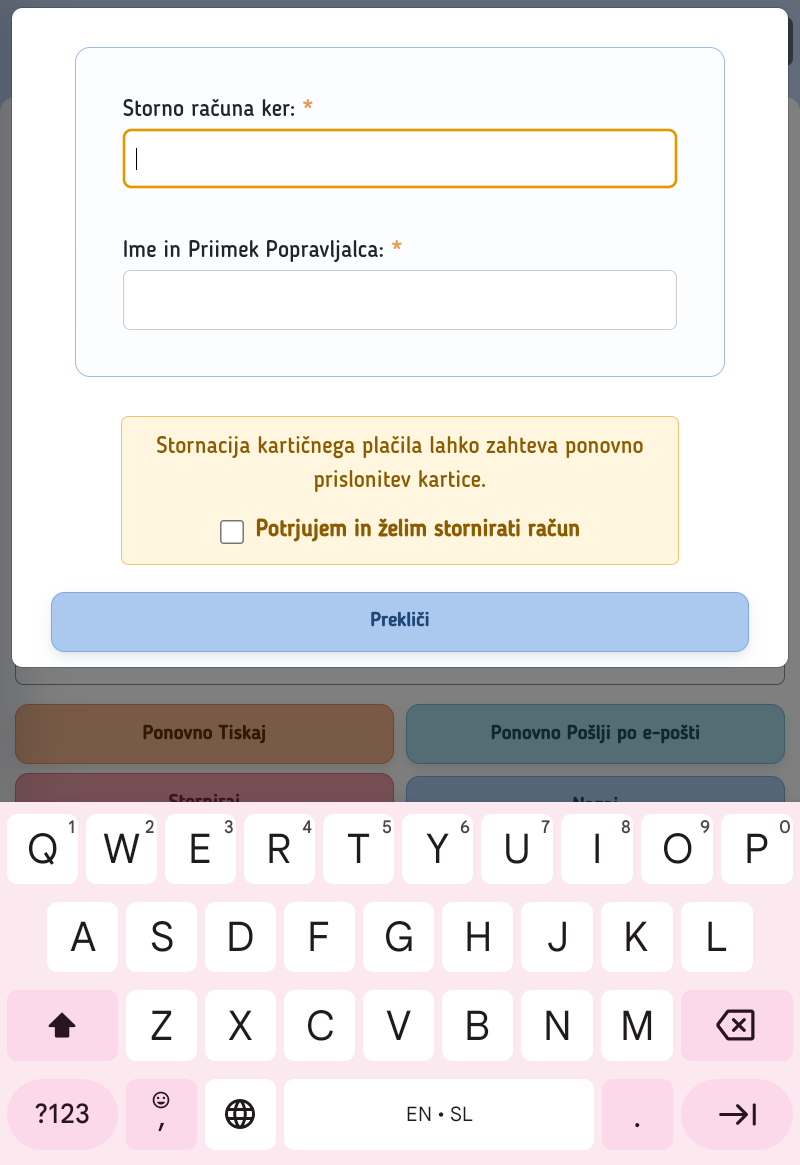 Opozorilo o prislonitvi kartice in potrditveno polje pred stornom