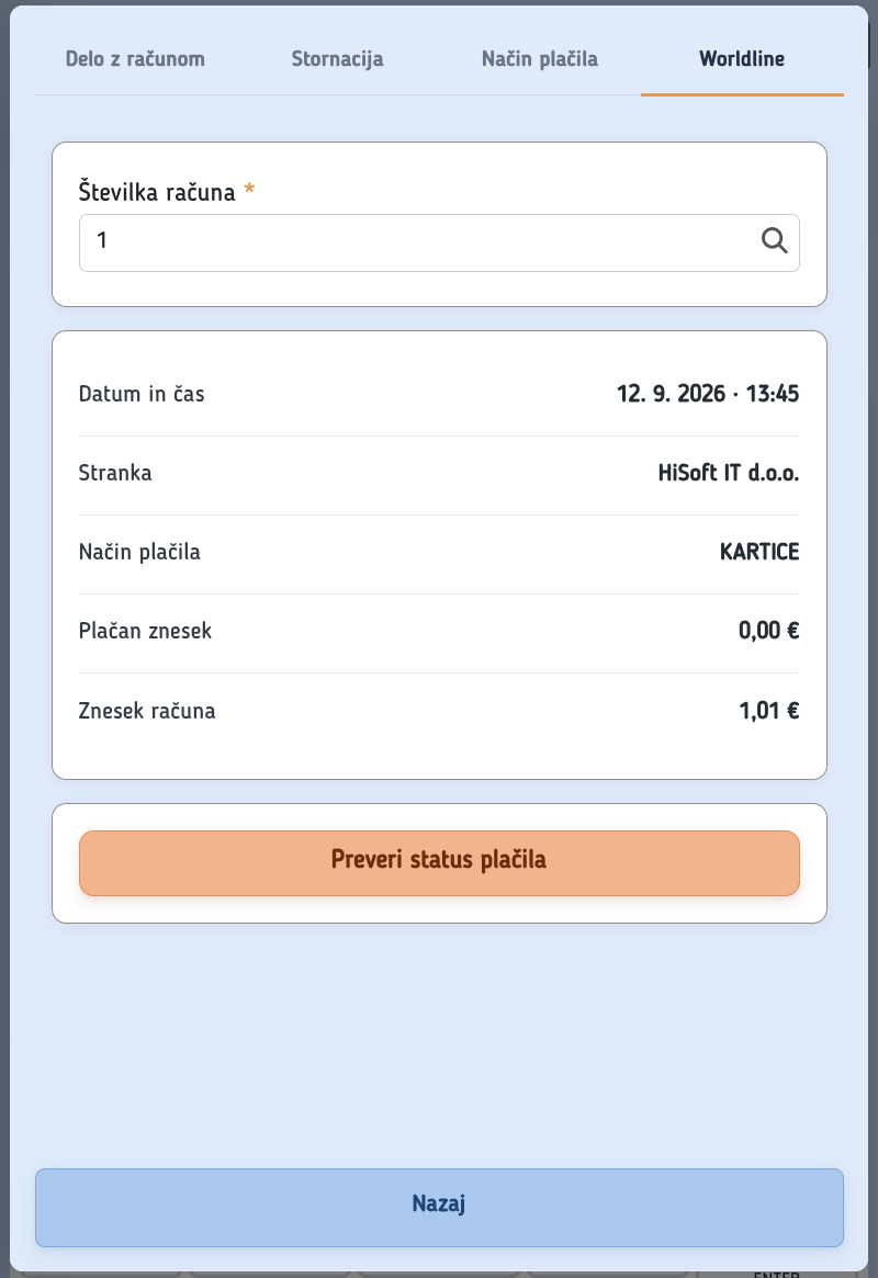 Zavihek Worldline v Touch blagajni