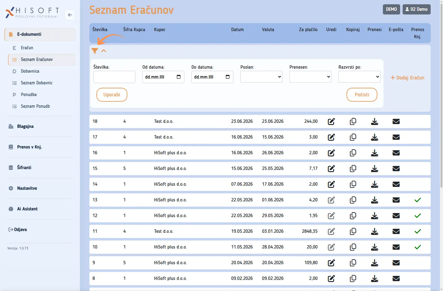 Odprti filtri na seznamu e-računov