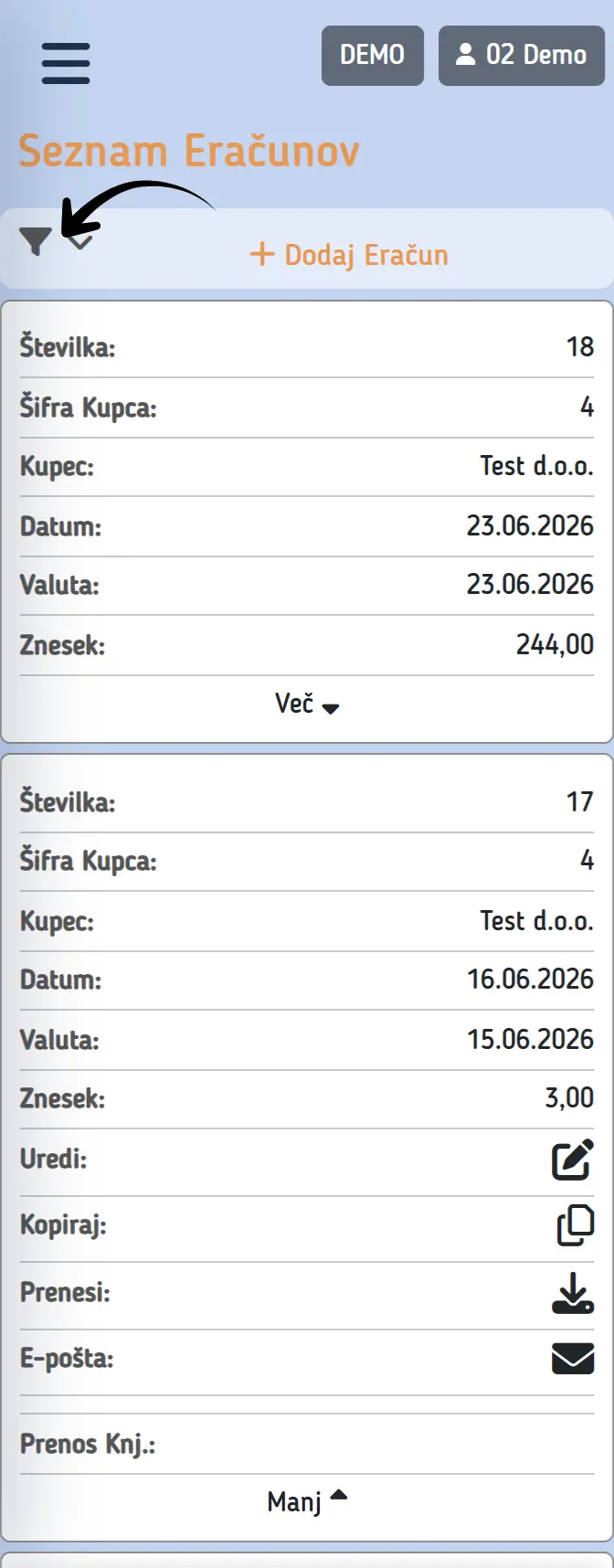Ikona filtra na seznamu e-računov na telefonu