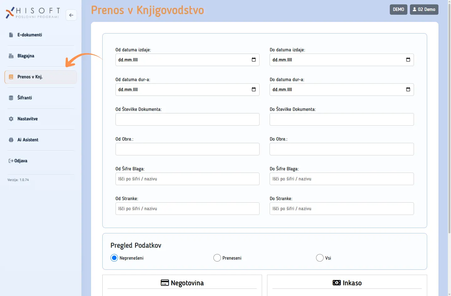 Lokacija stolpca Prenos Knj. na seznamu e-računov
