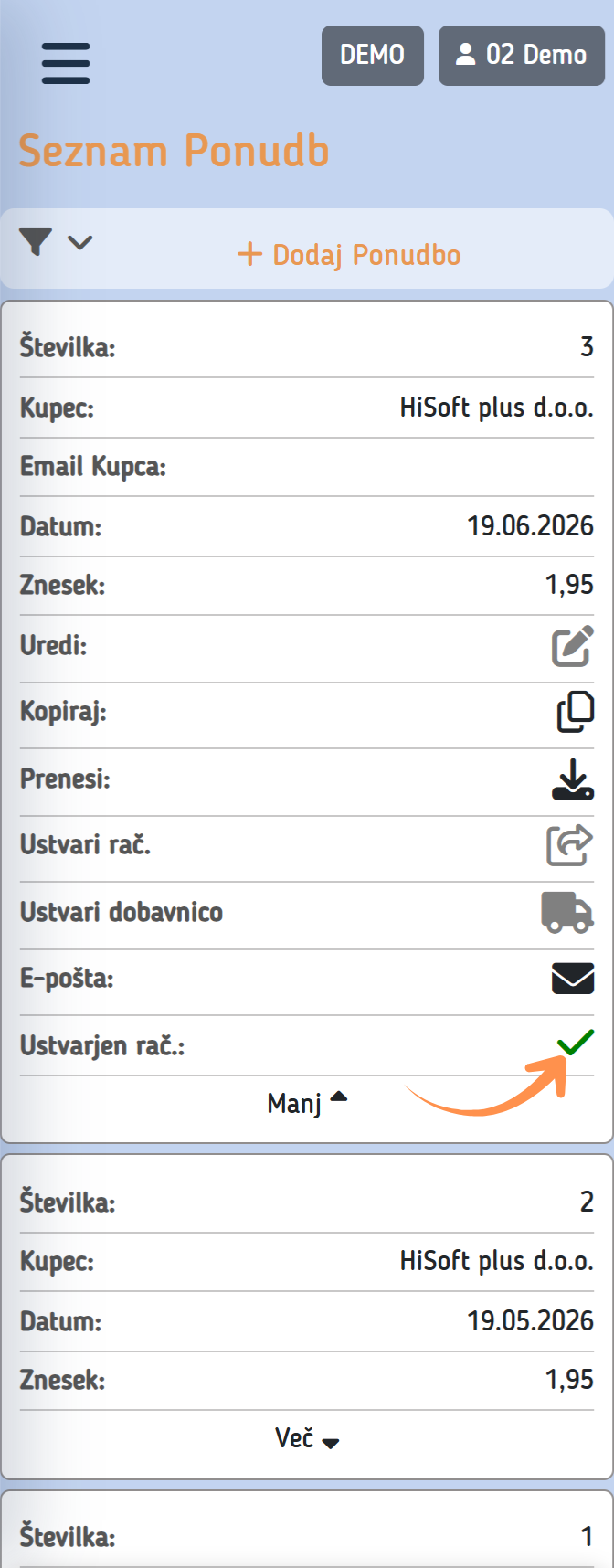 Oznaka prenosa v knjigovodstvo na telefonu