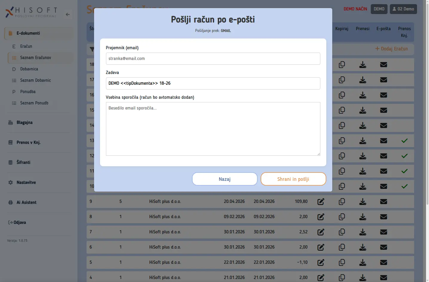 Ikona ovojnice za pošiljanje e-računa po e-pošti na seznamu