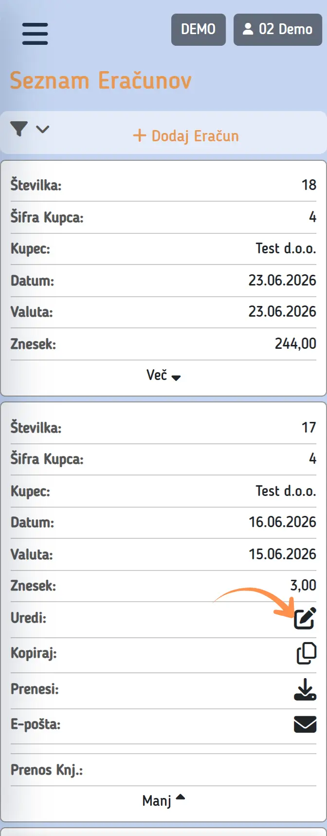 Urejanje e-računa na telefonu