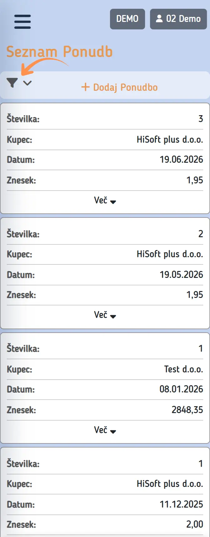 Filtri ponudb na telefonu