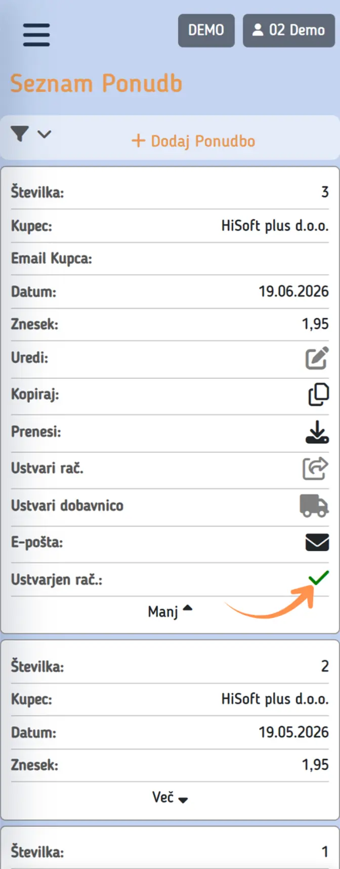 Status prenosa ponudbe na telefonu