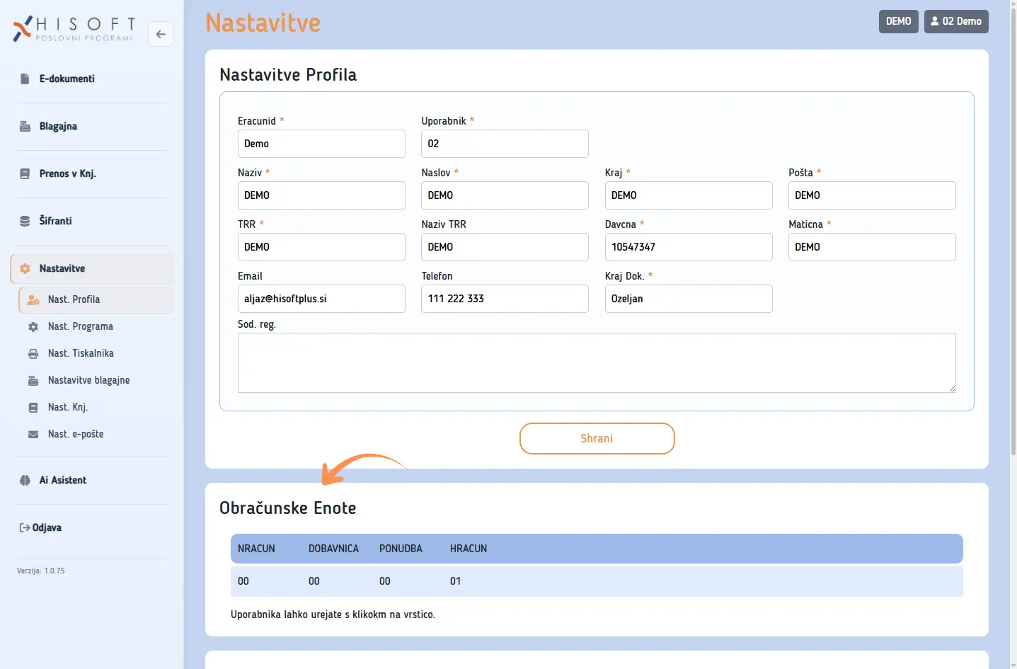 Sklop Obračunske enote v nastavitvah profila