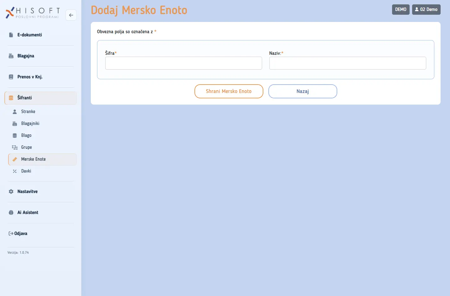 Obrazec za vnos šifre in naziva merske enote
